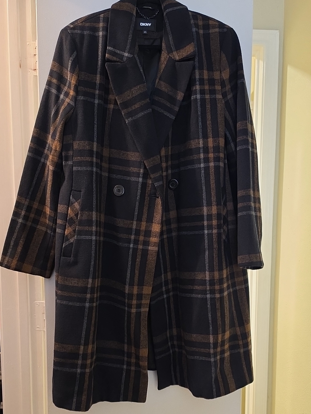 DKNYC Black and Brown Plaid Wool-Blend Long Coat